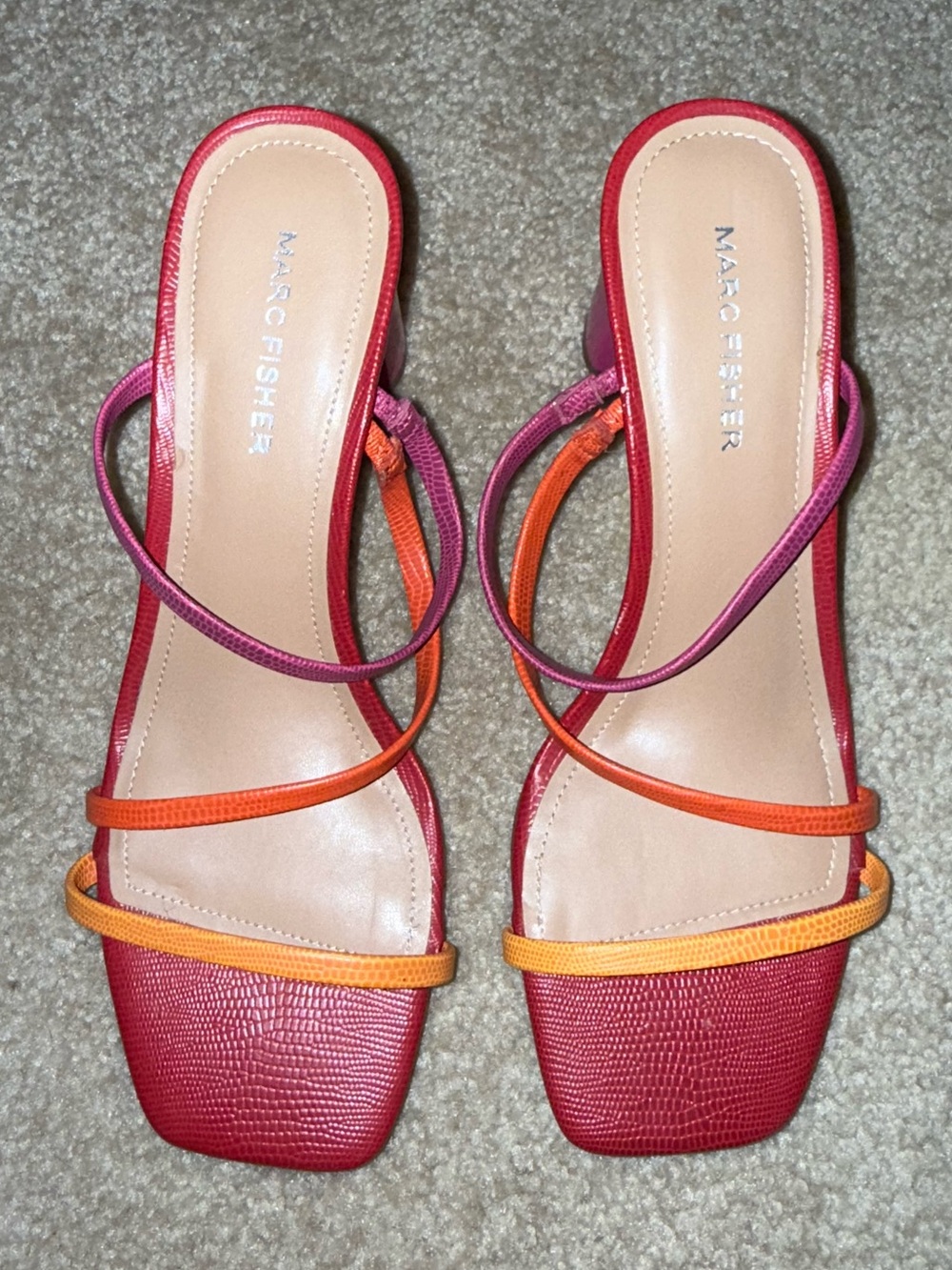 Marc Fisher Pink and Orange Strappy Square-Toe Heels